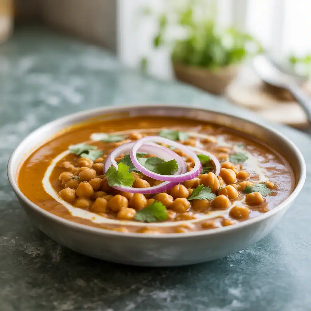 Vegan Chickpea Curry served in a rustic bowl with a swirl of cream, garnished with cilantro and red onion