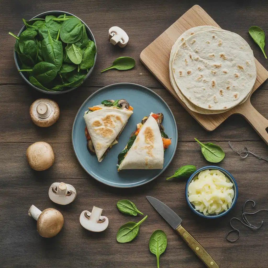 Satisfying Vegan Mushroom and Spinach Quesadillas for Easy Meals 10 Flat lay of tortillas, spinach, mushrooms, and cheese for vegan quesadilla recipe