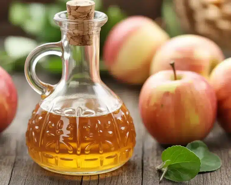 Glass jar of apple cider vinegar with apples for weight loss drink