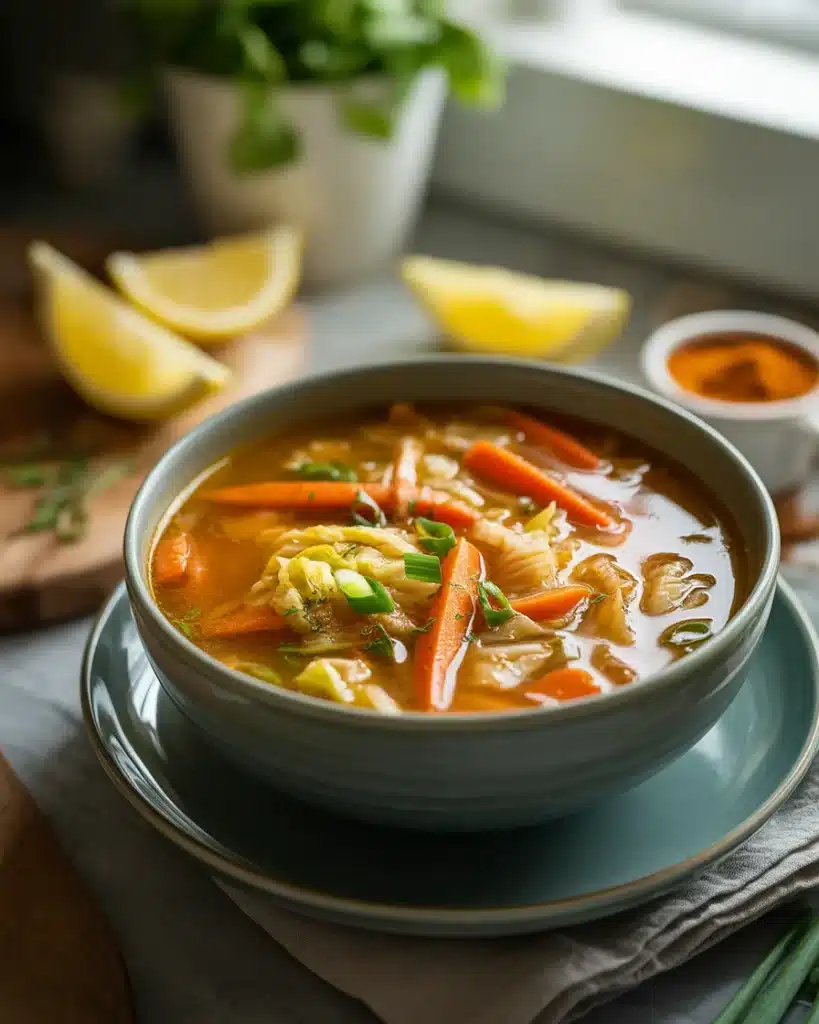 How to Make Garlicky Cabbage Soup (Simple Weeknight Recipe) 8 Bowl of garlicky cabbage soup with carrots, cabbage, and lemon wedges