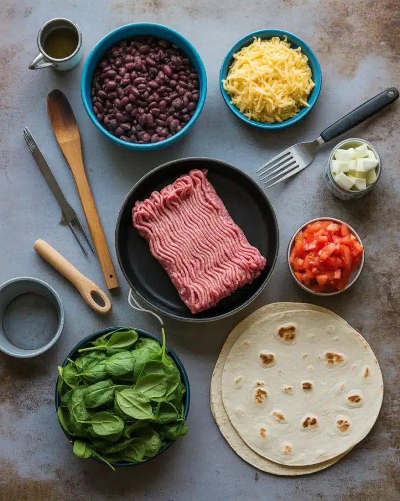 Ingredients for high protein low calorie breakfast taquitos including beans, lean ground meat, spinach, tortillas, and cheese.