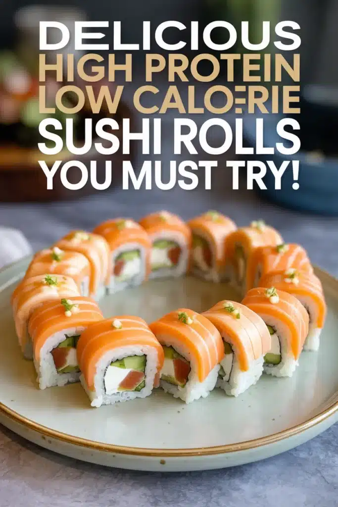 High Protein Low Calorie Sushi Rolls arranged in a circle with salmon topping