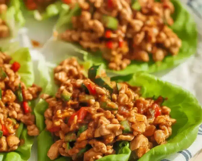 Healthy low carb turkey lettuce wraps with ground turkey and fresh veggies.