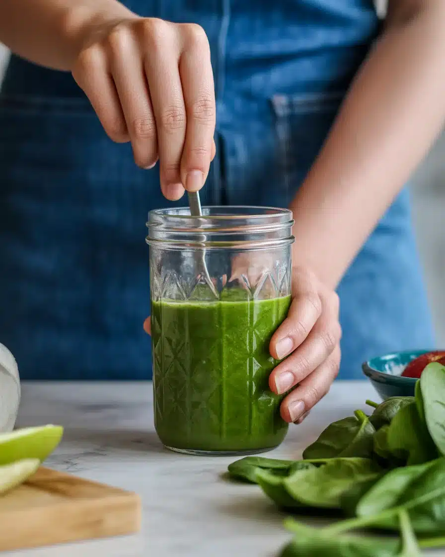 Stirring fresh weight loss green smoothie in a glass jar