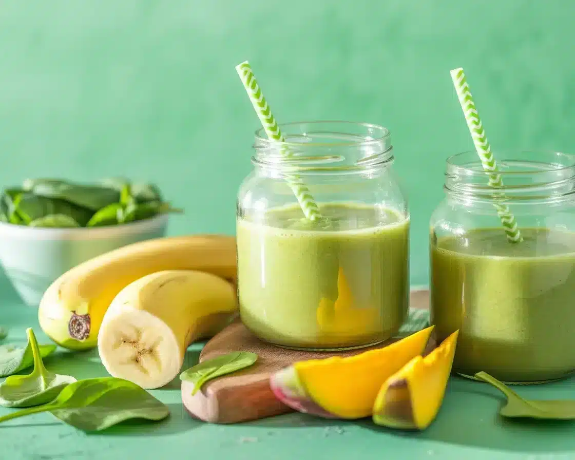 Weight loss green smoothie in jars with spinach banana and mango
