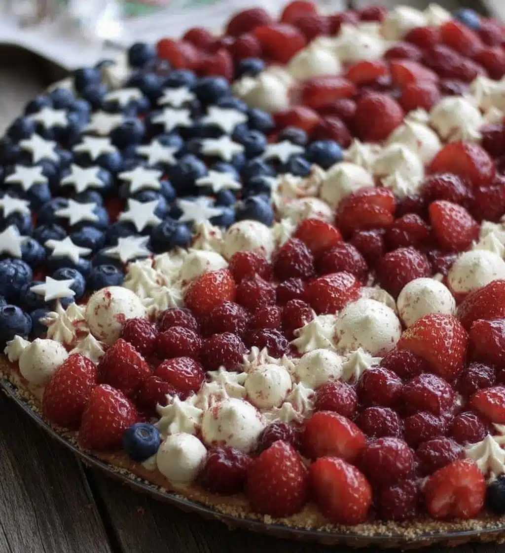 American Flag Fruit Pizza topped with fresh berries and whipped cream