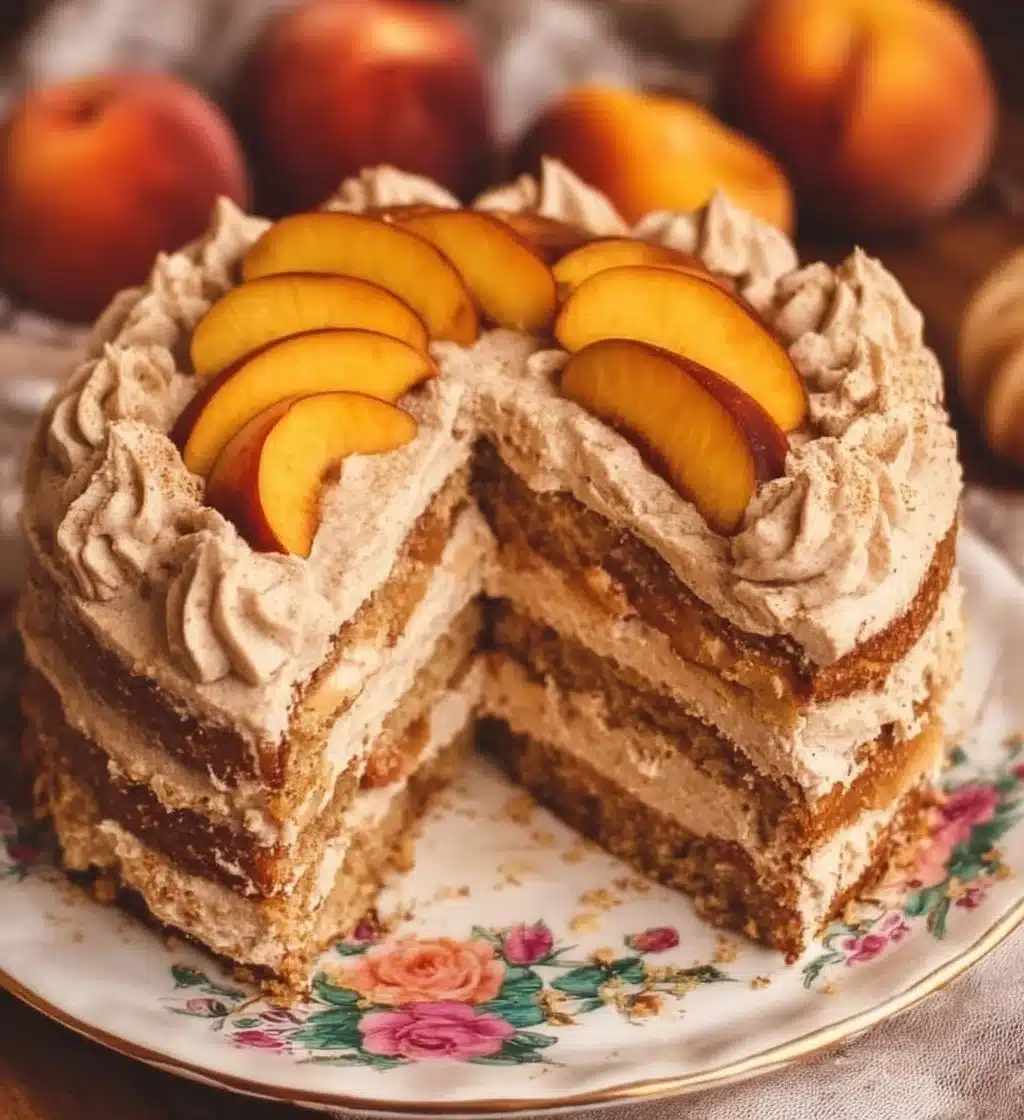 A moist Peach Cake topped with rich Brown Sugar Frosting served on a white plate.