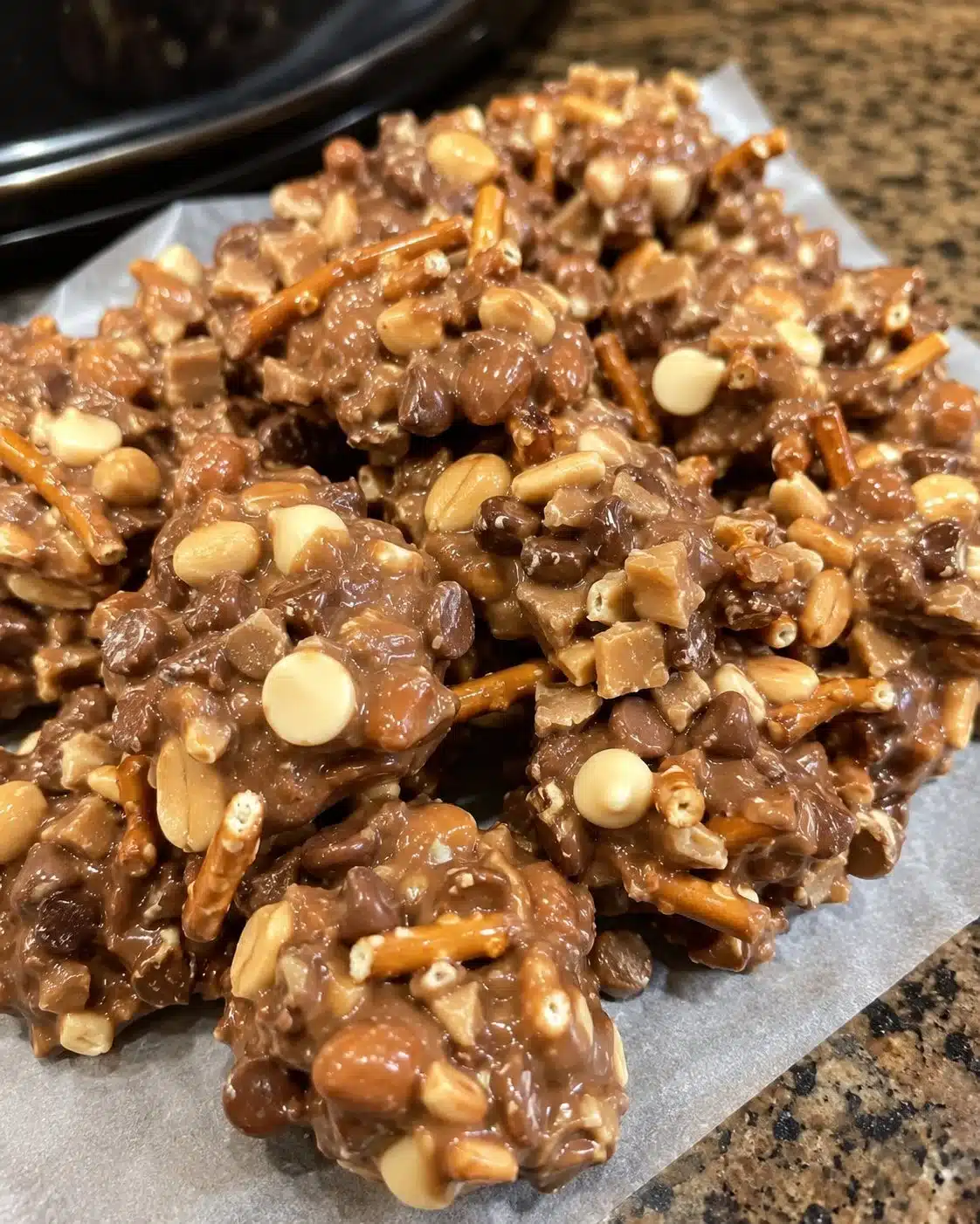 Delicious Crock Pot Candy prepared in a slow cooker with chocolate and nuts