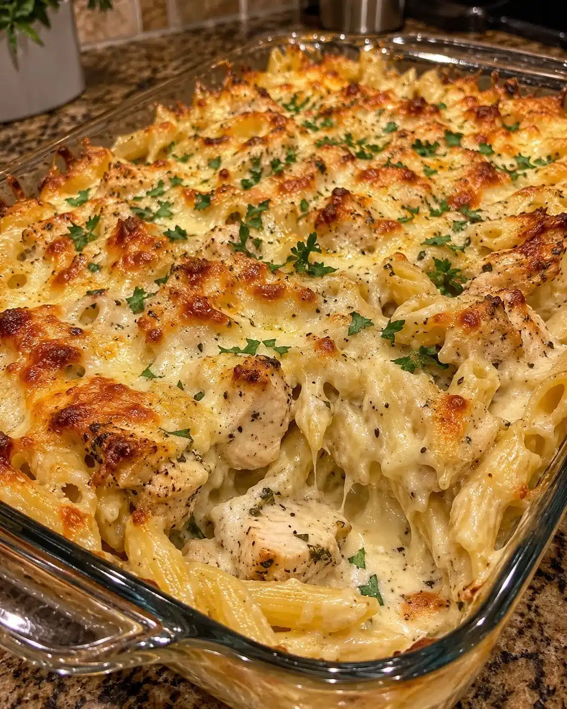 Easy Creamy Garlic Parmesan Chicken Pasta Bake