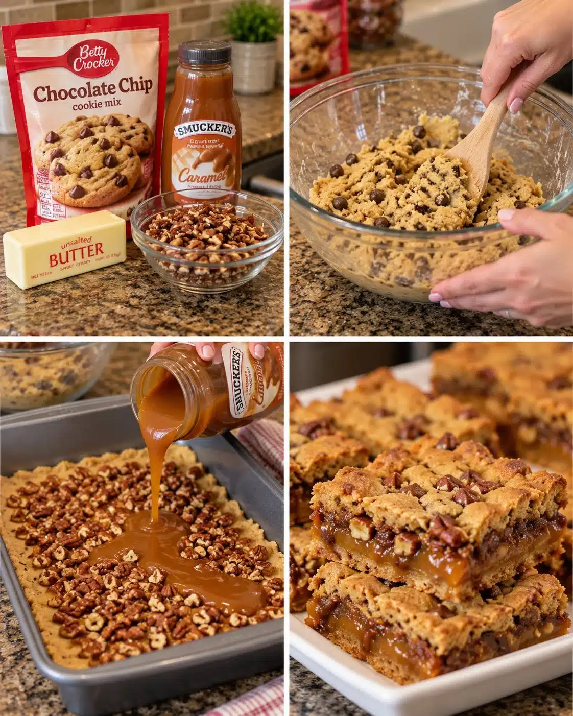 4-Ingredient Gooey Caramel Pecan Cookie Bars