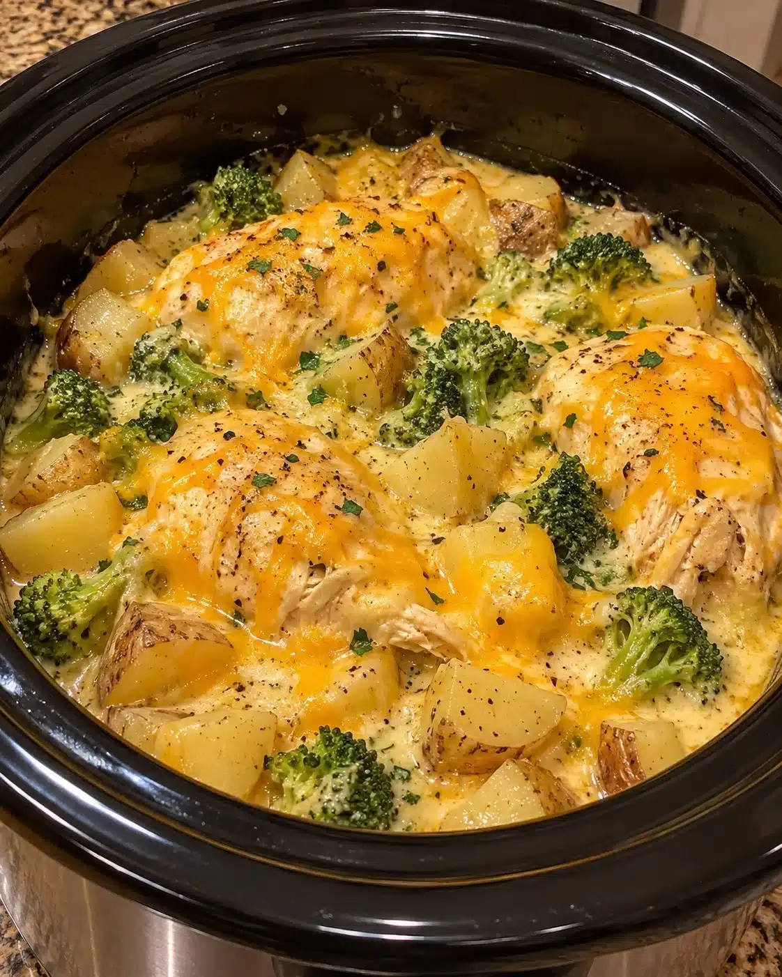 Crockpot Cheddar Broccoli Chicken & Potatoes Full Recipe in the Comment below