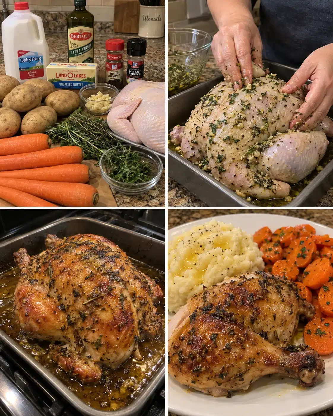 Garlic Herb Roasted Chicken with Creamy Mashed Potatoes & Buttered Carrots