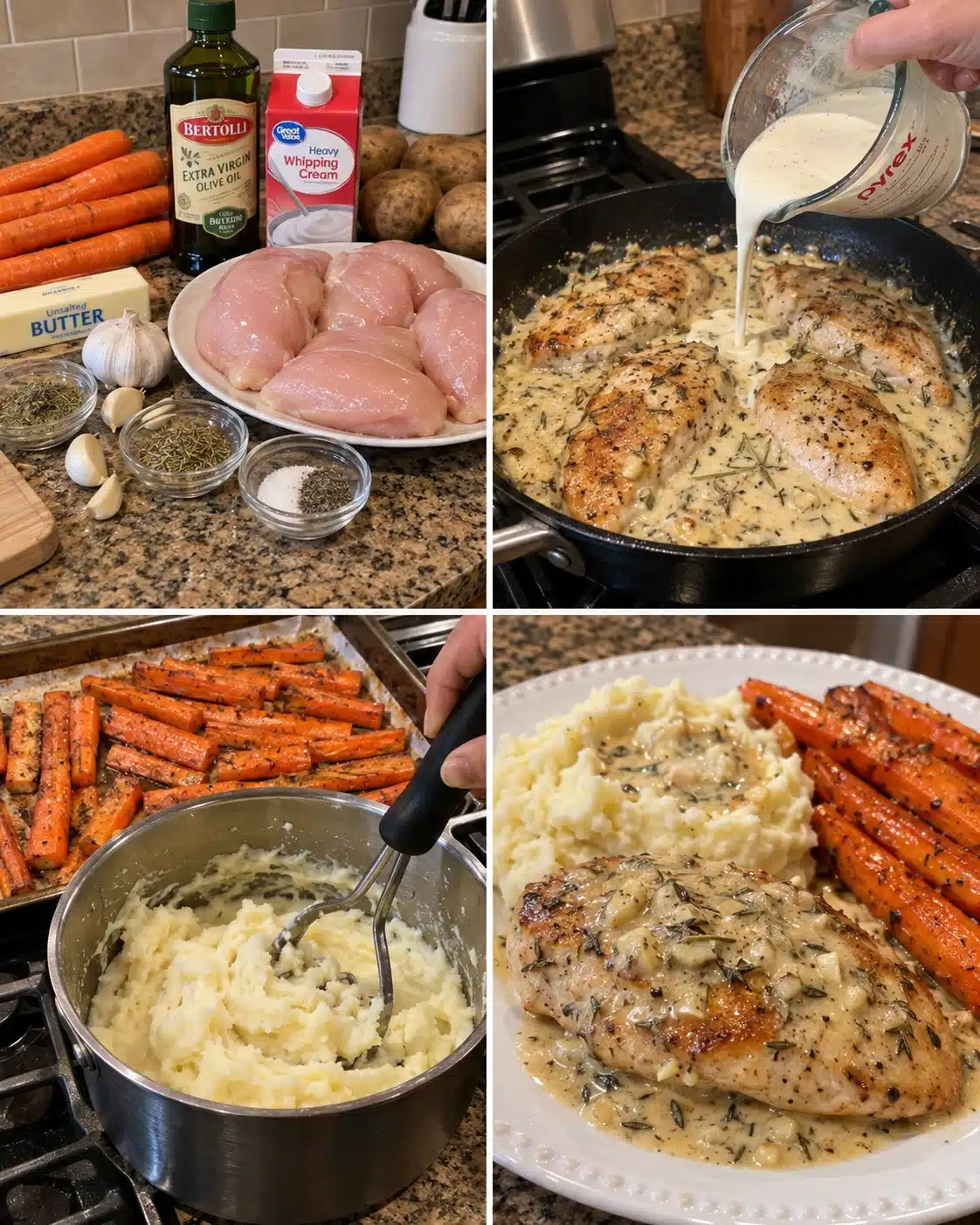 Heavenly Creamy Garlic Herb Chicken with Buttery Mashed Potatoes & Roasted Carrots