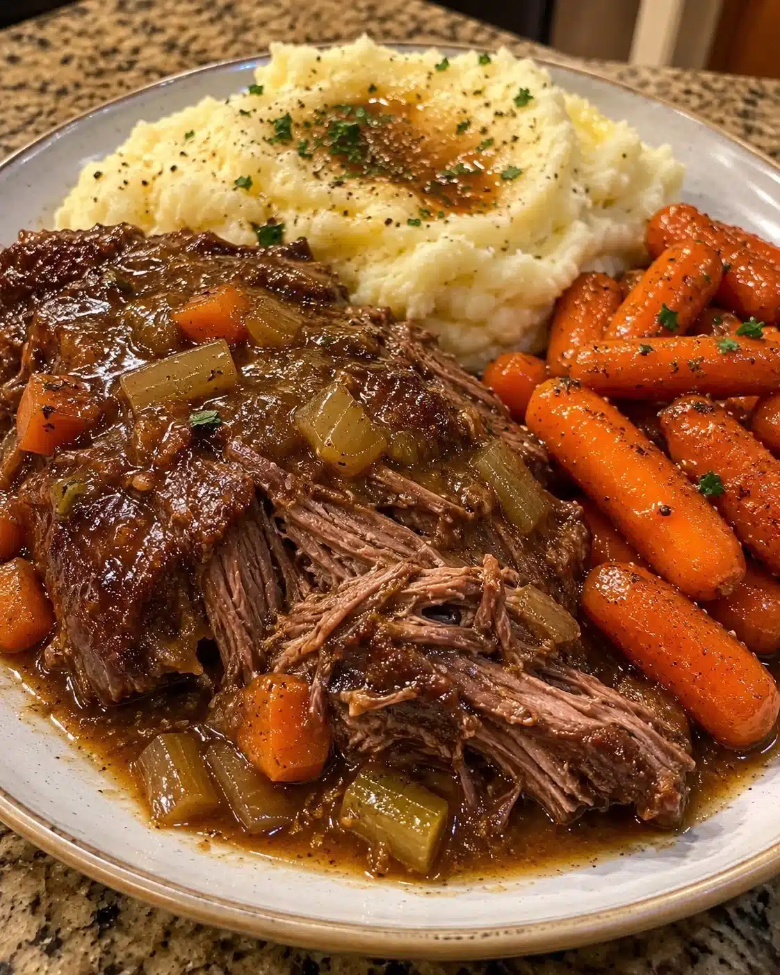 Slow-Braised Pot Roast with Mashed Potatoes & Glazed Carrots